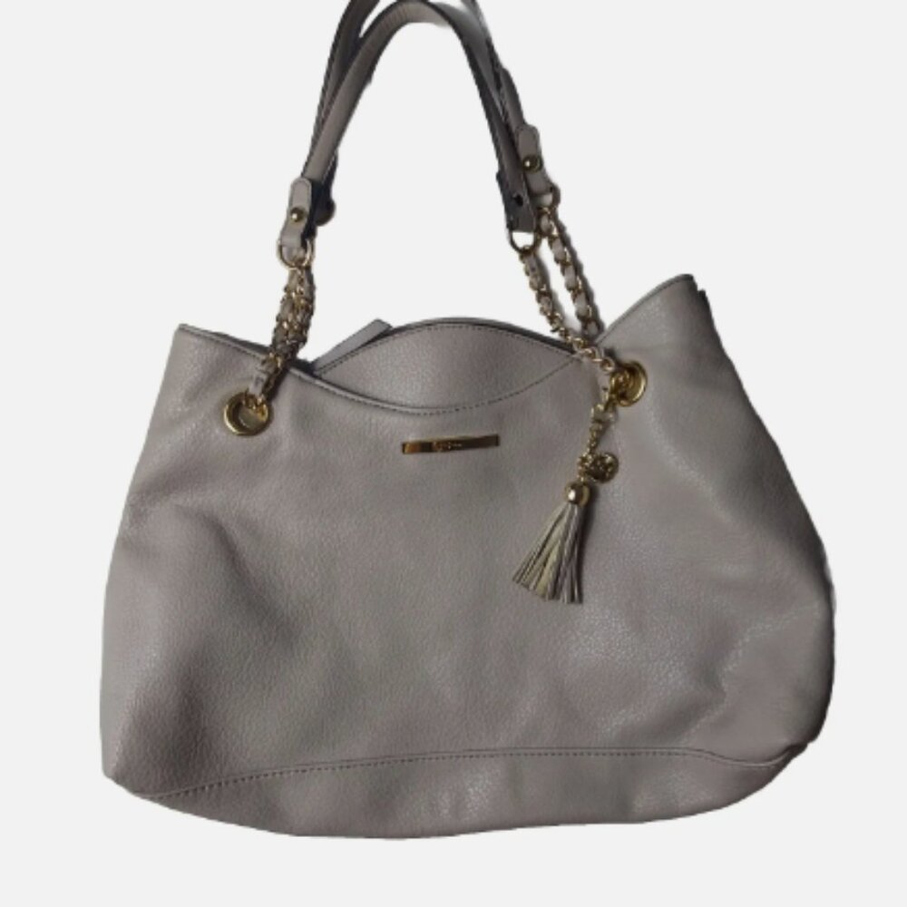 Jessica Simpson Womens Malena Beige Gray Scalloped Tote Handbag Purse Large
